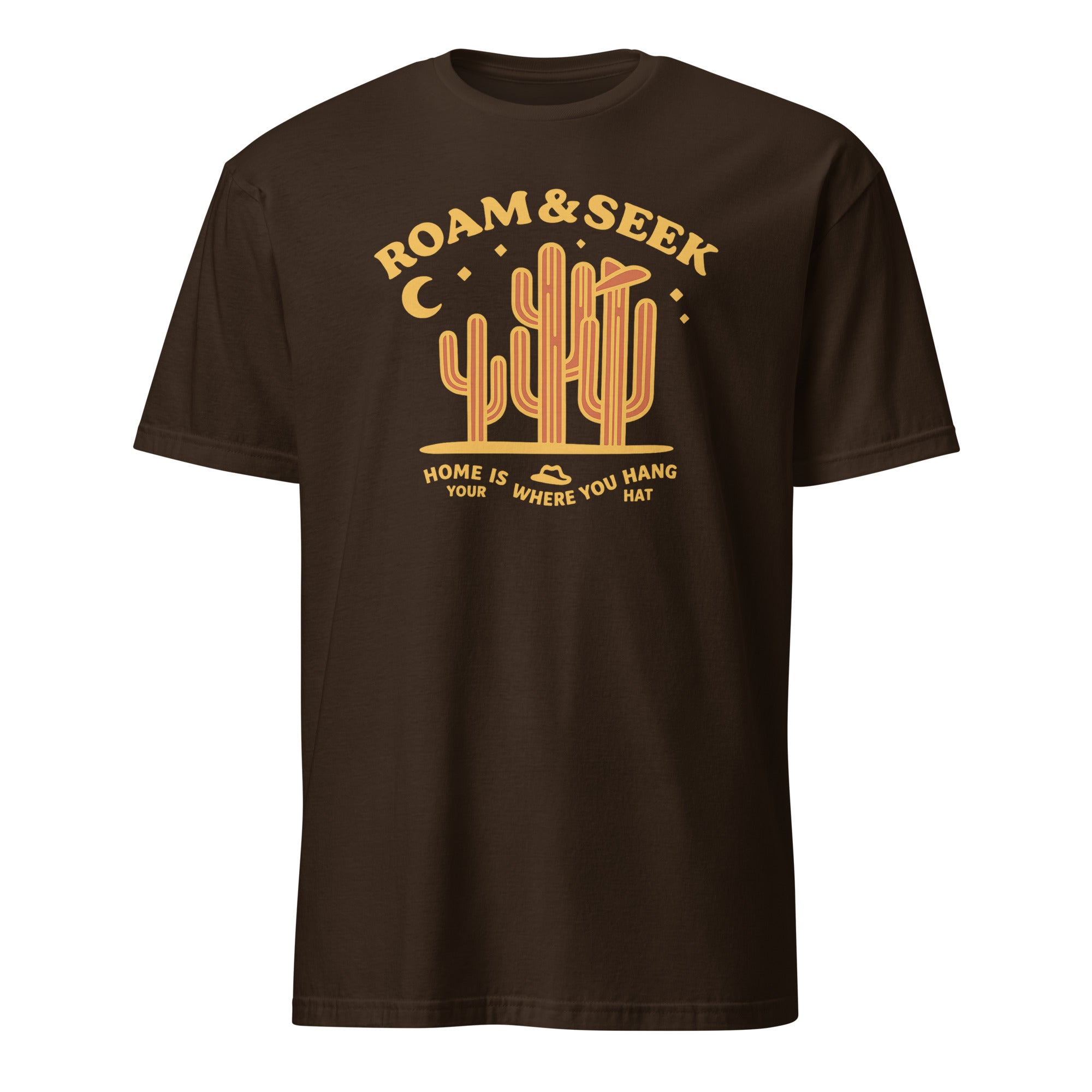 Dark Chocolate Adventure Travel shirt featuring Home Is Where You Hang Your Hat by Cuccico