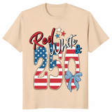 close up of America 250 patriotic shirt design in red white and blue