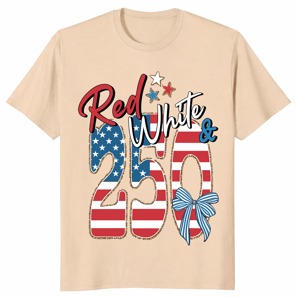 close up of America 250 patriotic shirt design in red white and blue