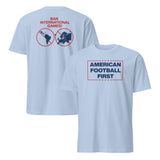 American Football First game day fan tee with red and blue sports lettering
