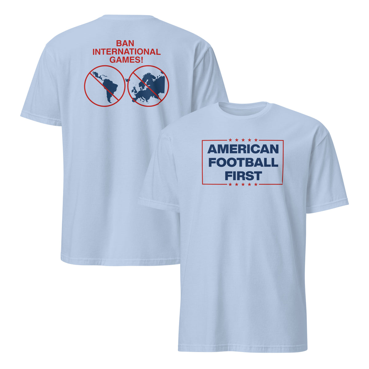 American Football First game day fan tee with red and blue sports lettering