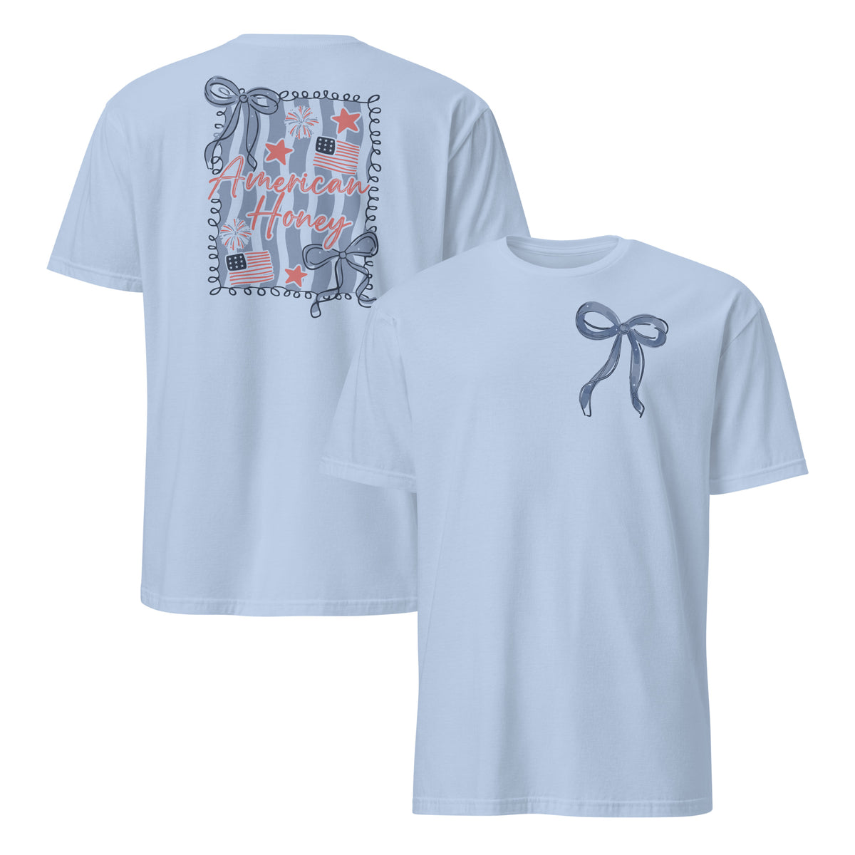 American Honey coquette 4th of July shirt mockup in light blue with patriotic graphic