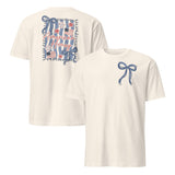 American Honey 4th of July graphic tee mockup in natural with coquette bow design