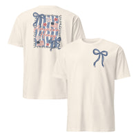 American Honey 4th of July graphic tee mockup in natural with coquette bow design