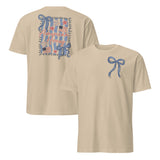 American Honey coquette 4th of July shirt mockup in sand with patriotic bow design