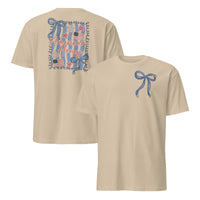 American Honey coquette 4th of July shirt mockup in sand with patriotic bow design