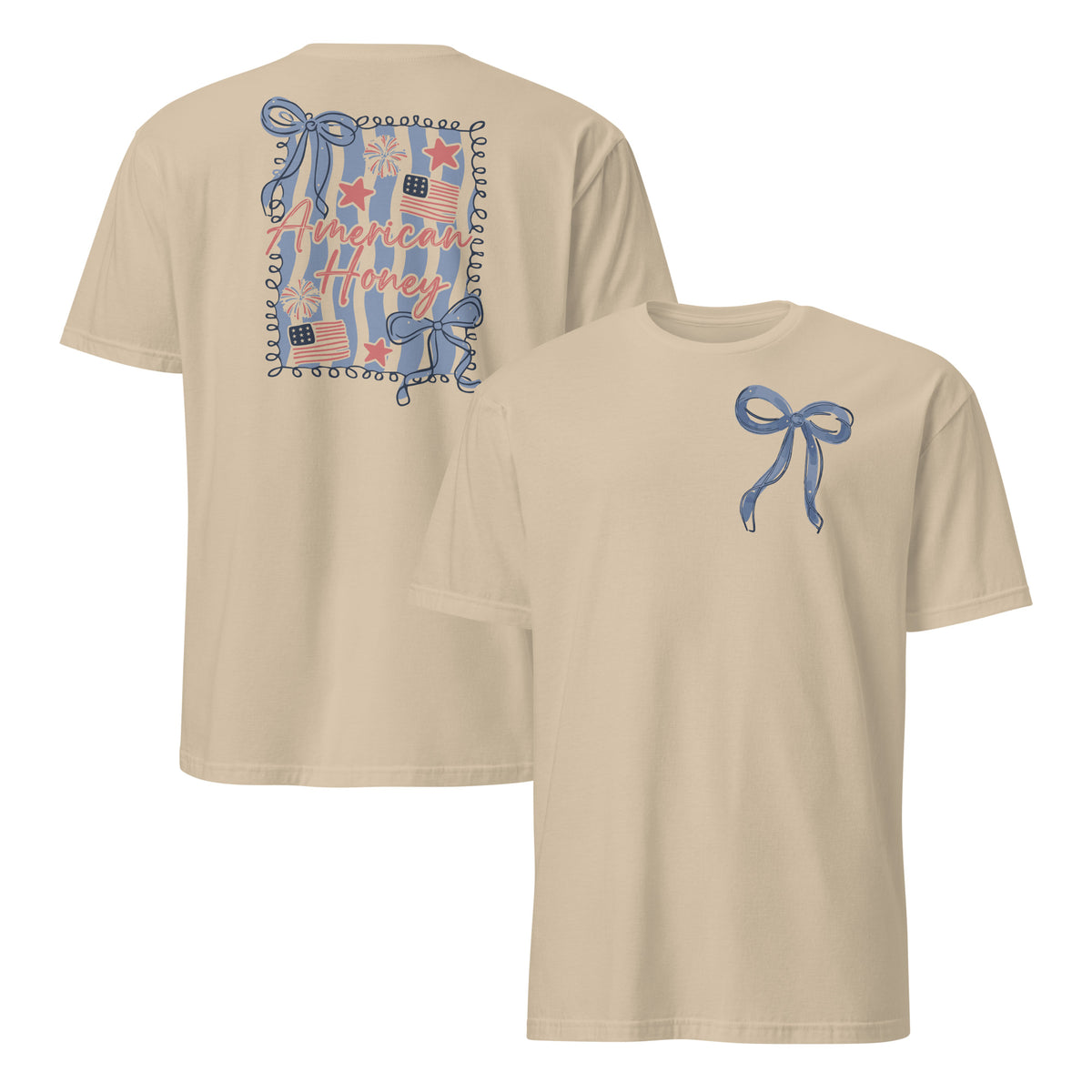 American Honey coquette 4th of July shirt mockup in sand with patriotic bow design