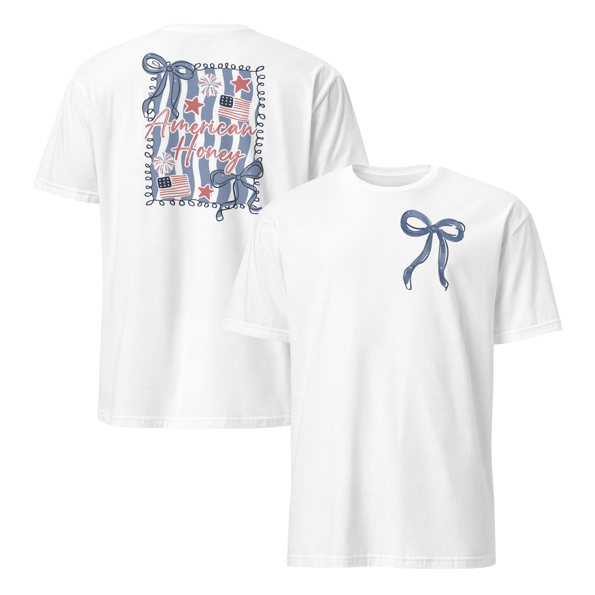American Honey patriotic coquette shirt mockup in white with bow graphic