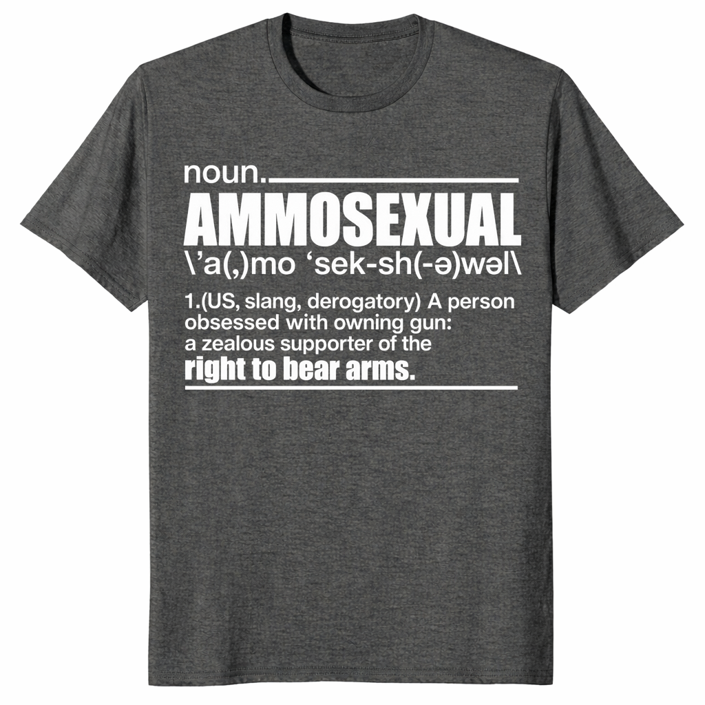 Ammosexual definition shirt with dictionary-style gun humor graphic, dark heather