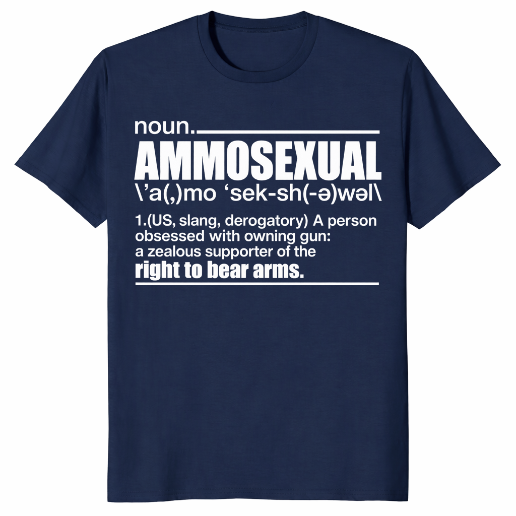 Ammosexual definition shirt with dictionary-style gun humor graphic, navy