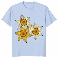 Anti Trump flower shirt close-up with daffodil trio protest design