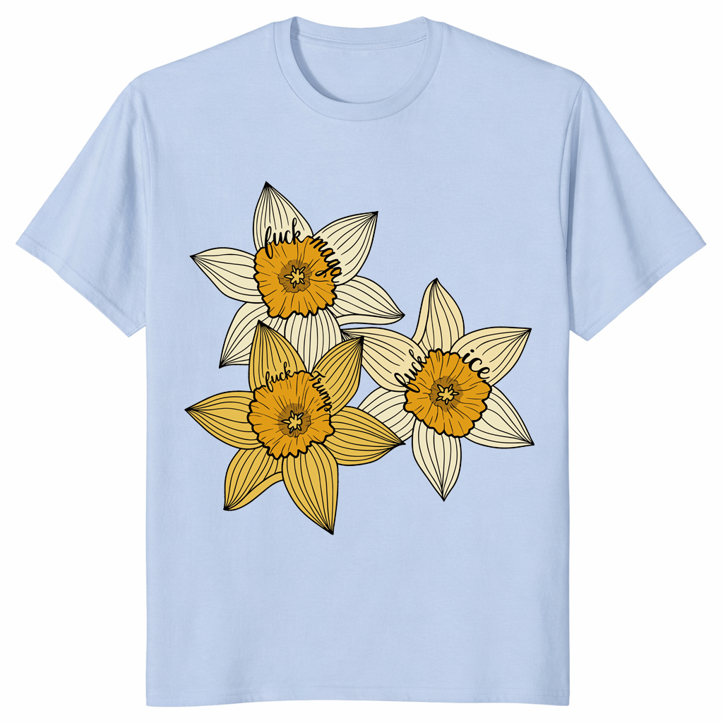 Anti Trump flower shirt close-up with daffodil trio protest design