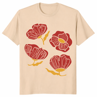 Close-up of red poppy floral anti Trump shirt with hidden protest lettering