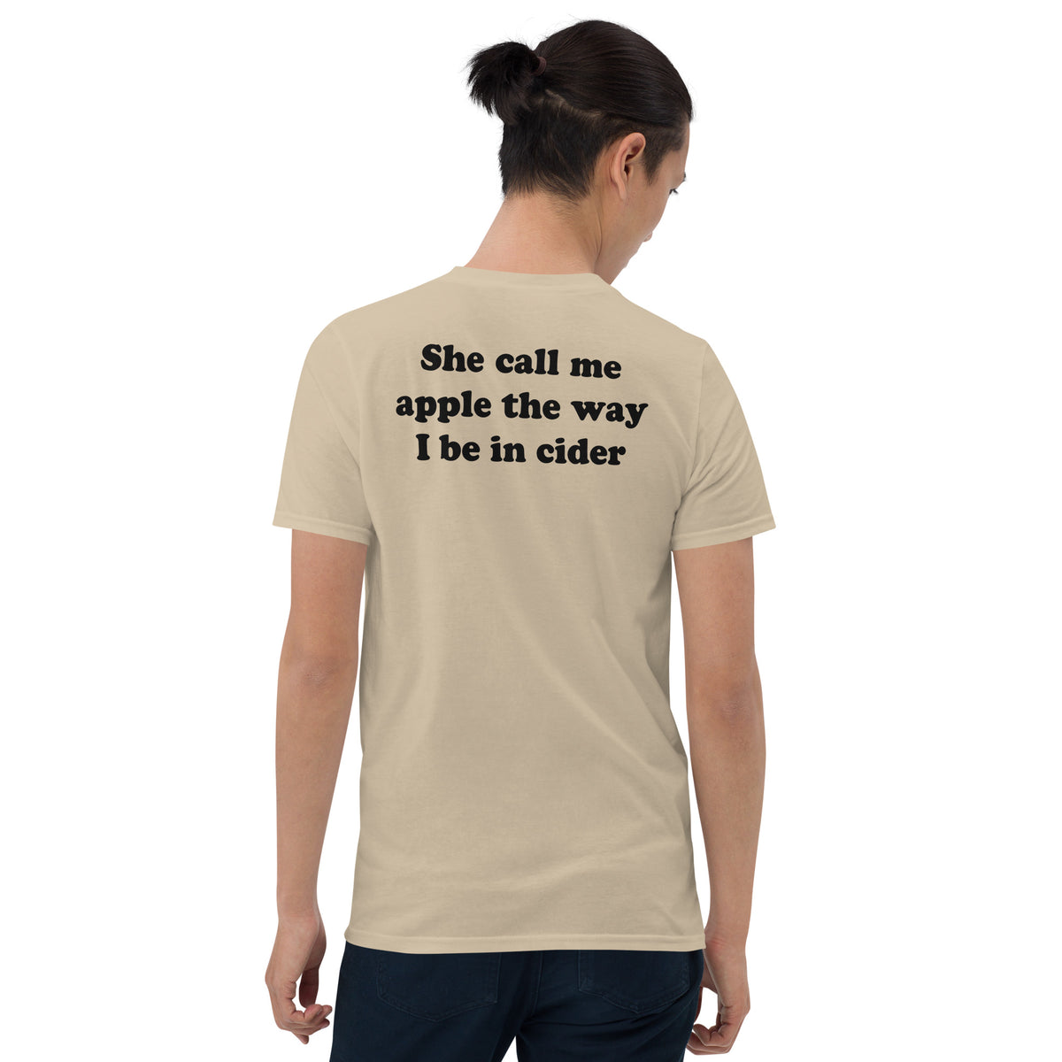 Apple Cider Pun wordplay t-shirt in sand back view