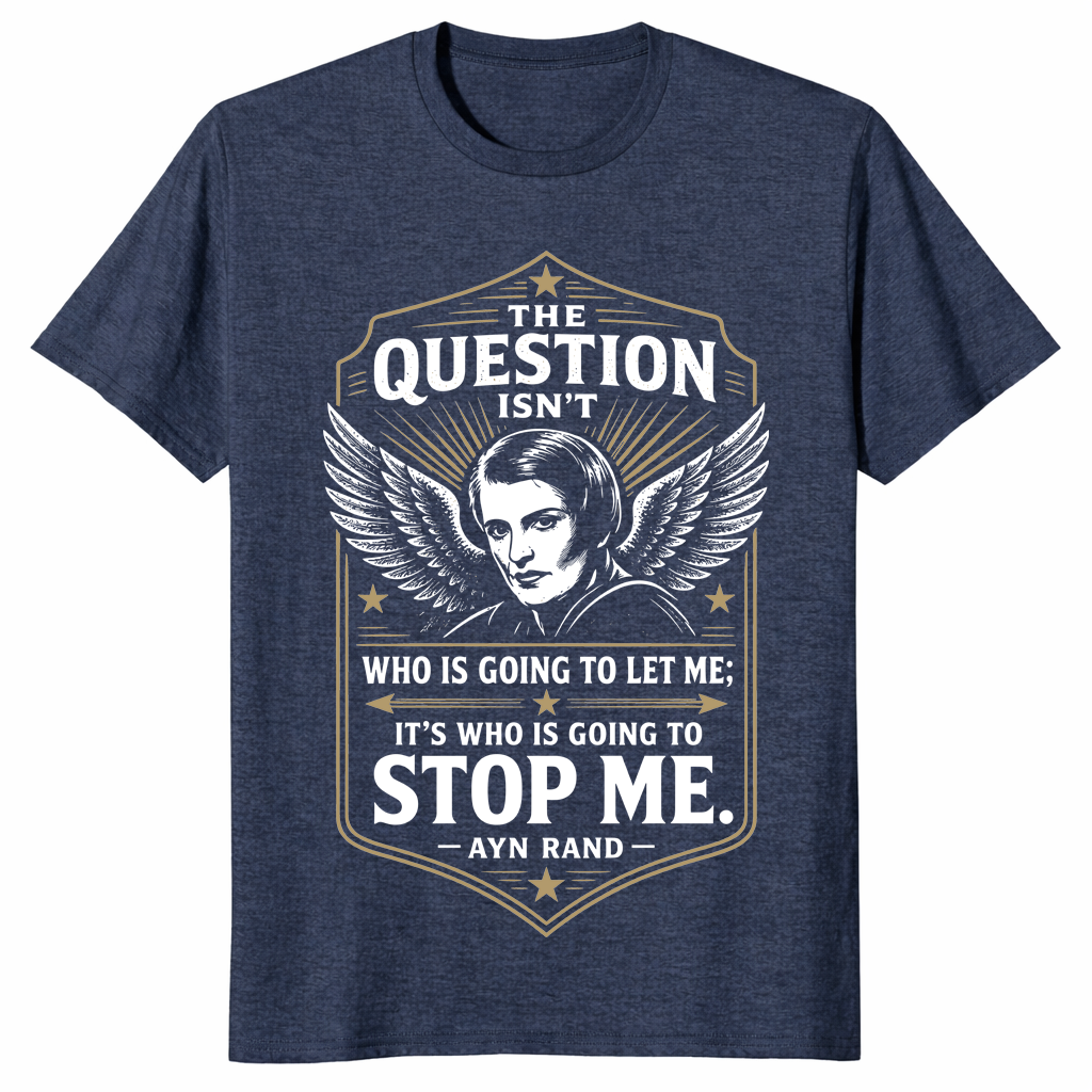 Black Ayn Rand philosophy shirt with vintage badge quote graphic

