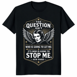 Ayn Rand shirt with who is going to stop me quote design on black tee