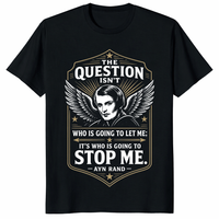 Ayn Rand shirt with who is going to stop me quote design on black tee
