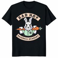 Black t-shirt featuring an angry bunny mascot with eye black and a pinstripe jersey holding a carrot like a baseball bat for "Bad Hop Baseball Academy."