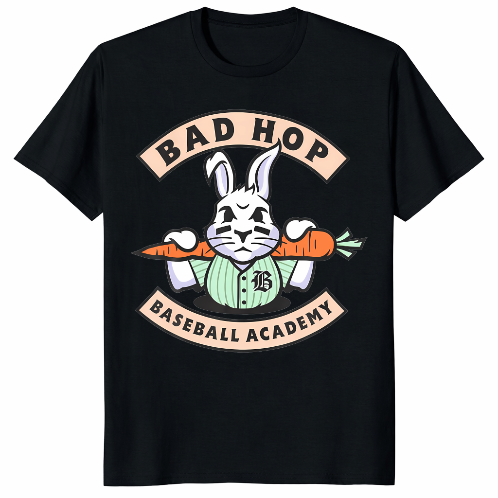Black t-shirt featuring an angry bunny mascot with eye black and a pinstripe jersey holding a carrot like a baseball bat for "Bad Hop Baseball Academy."