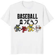 Baseball Is Dead Bear T Shirt with colorful baseball bear graphic on white tee