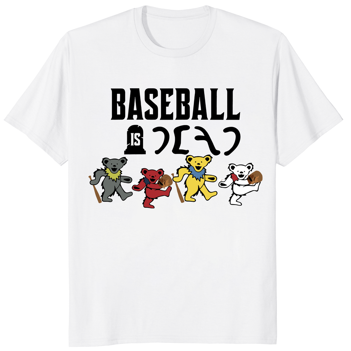 Baseball Is Dead Bear T Shirt with colorful baseball bear graphic on white tee