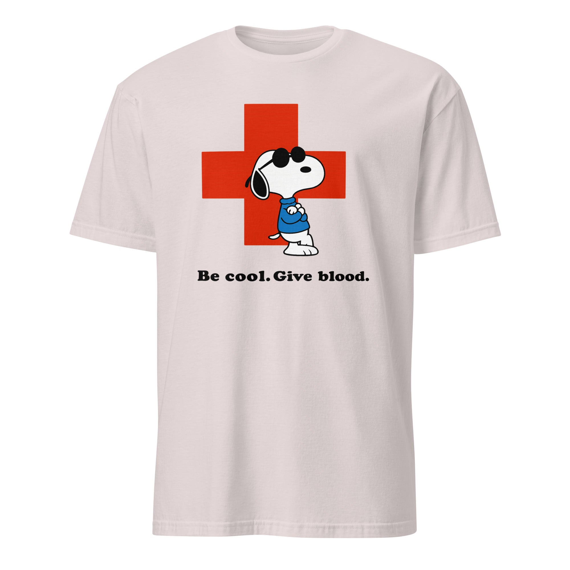 Be Cool Give Blood Snoopy Shirt in ice grey color by Cuccico, Snoopy Joe Cool Red Cross Tee Peanuts Blood Donation T-Shirt