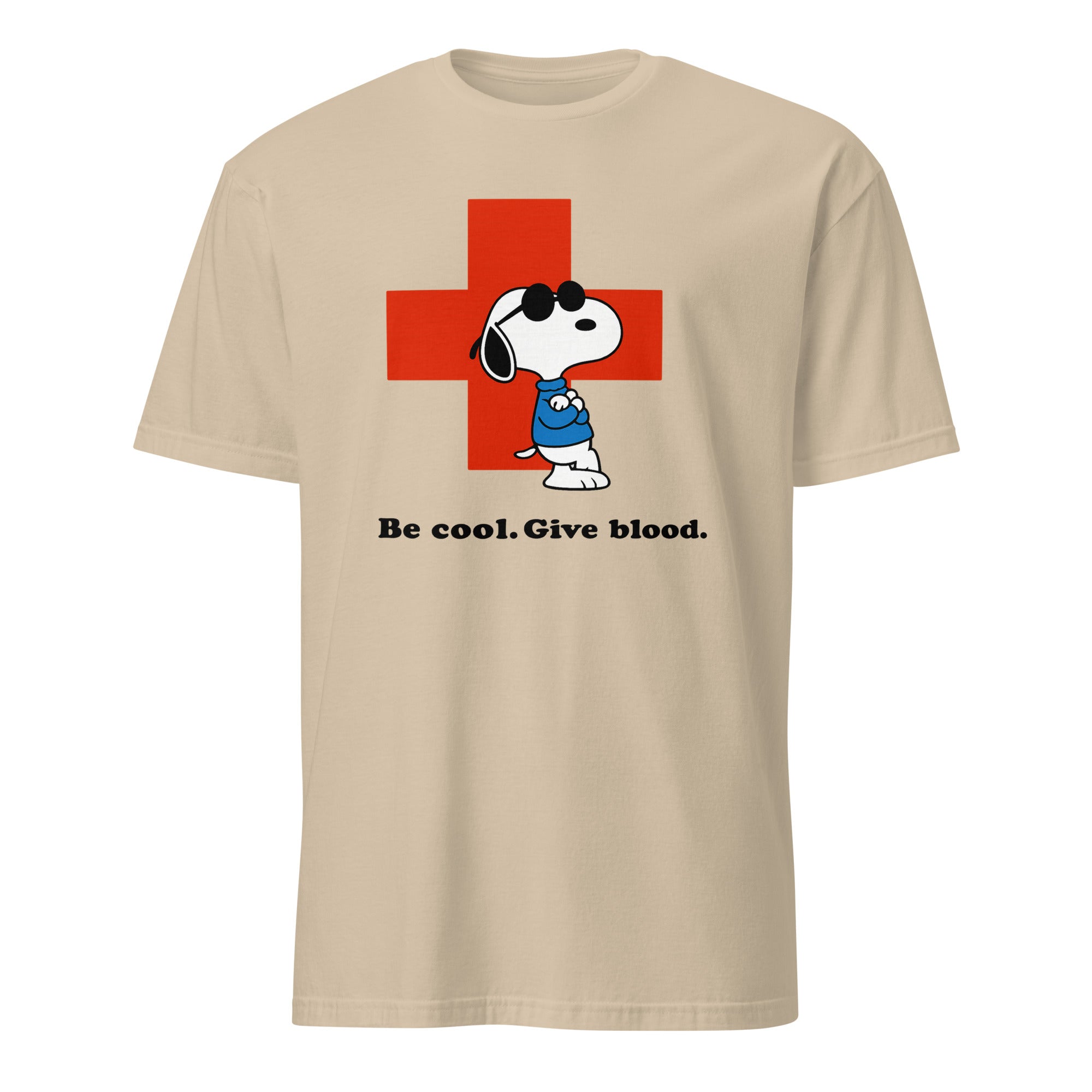 Be Cool Give Blood Snoopy Shirt in sand color by Cuccico, Snoopy Joe Cool Red Cross Tee Peanuts Blood Donation T-Shirt