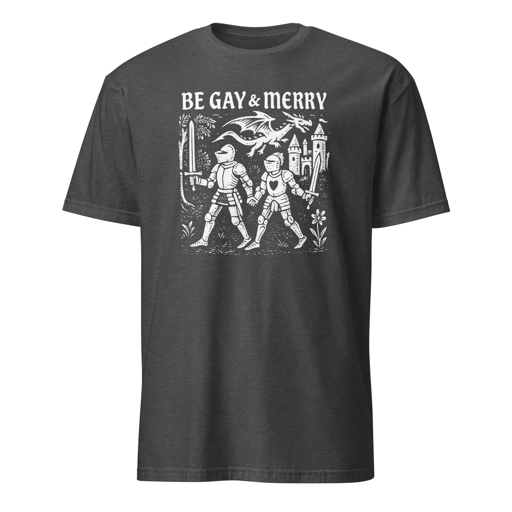 Be Gay & Merry Medieval Fantasy LGBTQ Tee in Dark Heather Grey by Cuccico