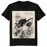 Black black cat biting shark shirt with a cool Japanese anime graphic