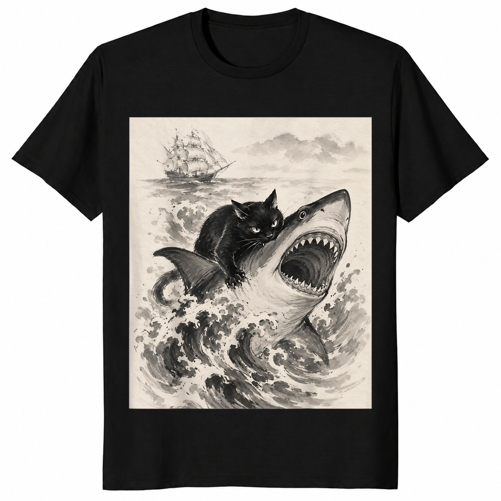 Black black cat biting shark shirt with a cool Japanese anime graphic