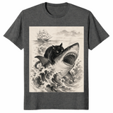 Dark Heather black cat biting shark shirt with a cool Japanese anime graphic