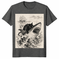 Dark Heather black cat biting shark shirt with a cool Japanese anime graphic