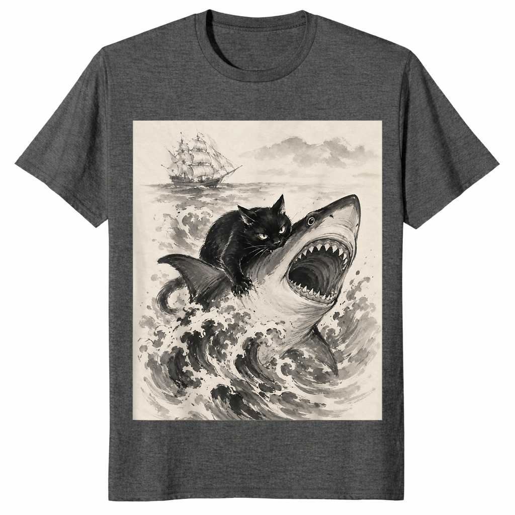 Dark Heather black cat biting shark shirt with a cool Japanese anime graphic
