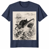 Heather Navy black cat biting shark shirt with a cool Japanese anime graphic