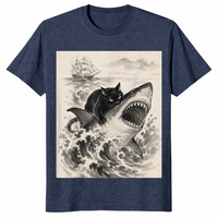 Heather Navy black cat biting shark shirt with a cool Japanese anime graphic