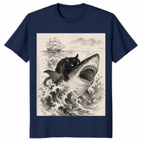 Navy black cat biting shark shirt with a cool Japanese anime graphic
