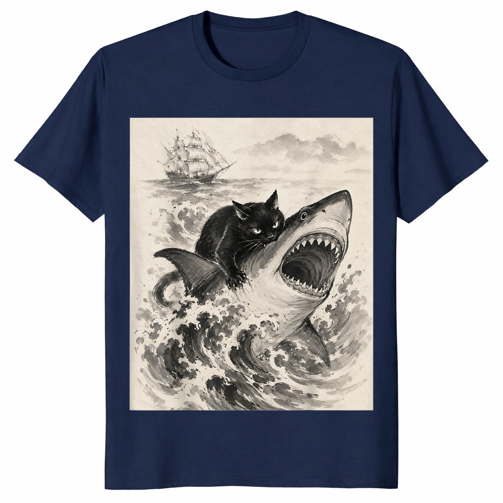 Navy black cat biting shark shirt with a cool Japanese anime graphic