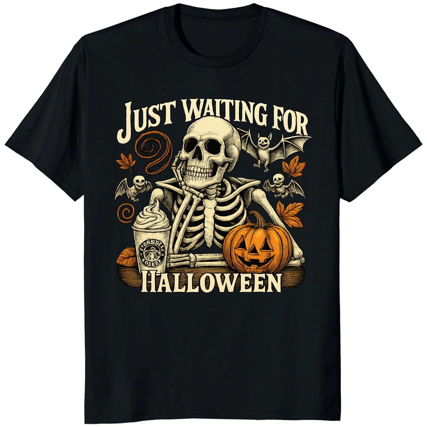 Just Waiting for Halloween Shirt in Black featuring Funny Skeleton Pumpkin graphic by Cuccico