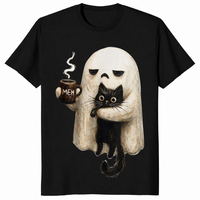Black retro boojee ghost shirt with a ghost holding a black cat and a hot latte