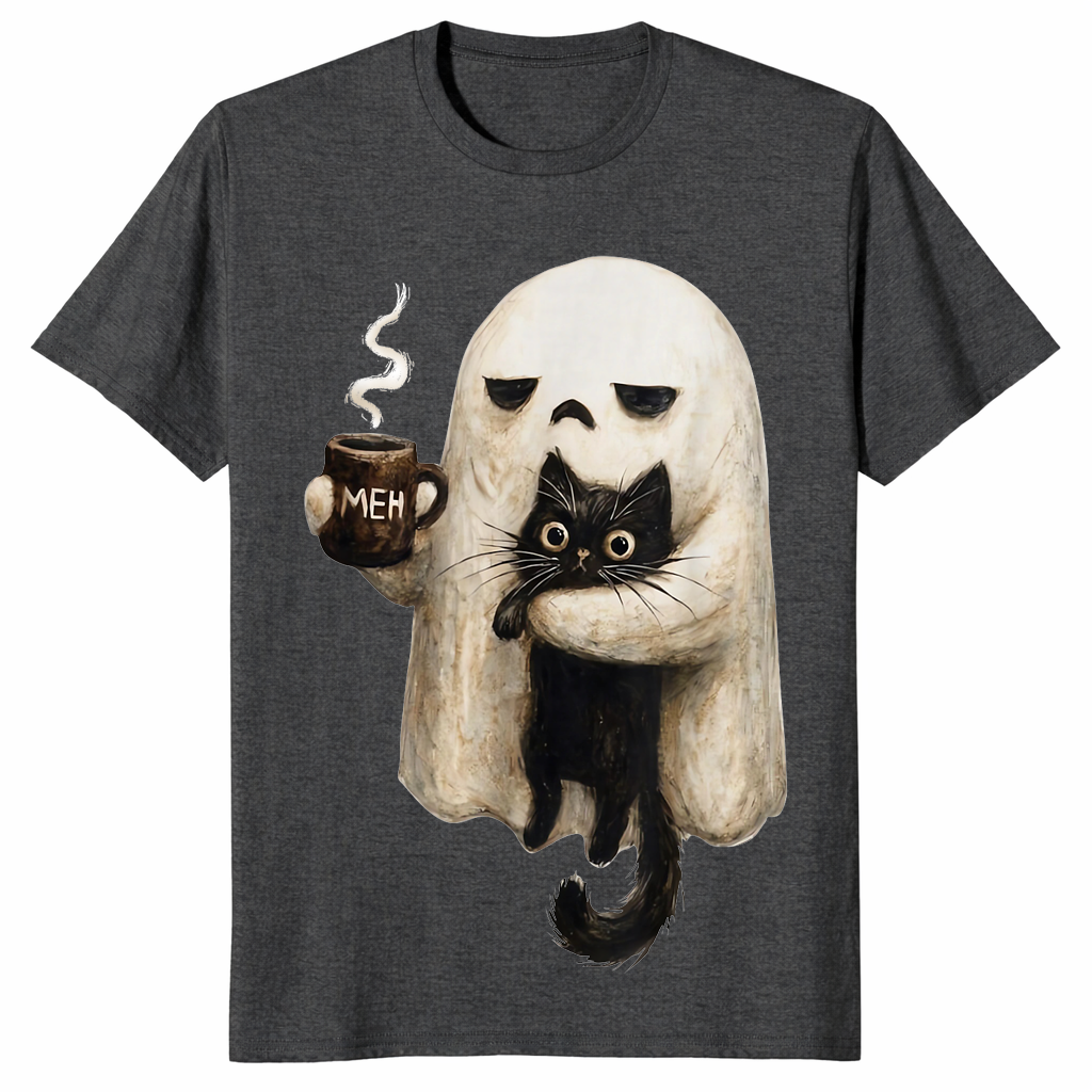 Dark Heather Grey retro boojee ghost shirt with a ghost holding a black cat and a hot latte