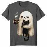 Dark Heather retro boojee ghost shirt with a ghost holding a black cat and a hot latte