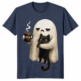 Heather Navy retro boojee ghost shirt with a ghost holding a black cat and a hot latte