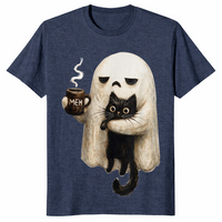 Heather Navy retro boojee ghost shirt with a ghost holding a black cat and a hot latte
