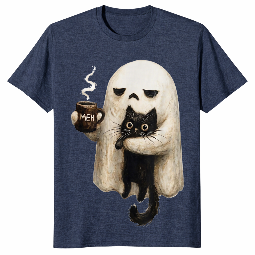 Heather Navy retro boojee ghost shirt with a ghost holding a black cat and a hot latte