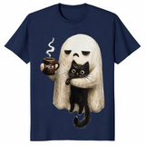 Navy retro boojee ghost shirt with a ghost holding a black cat and a hot latte