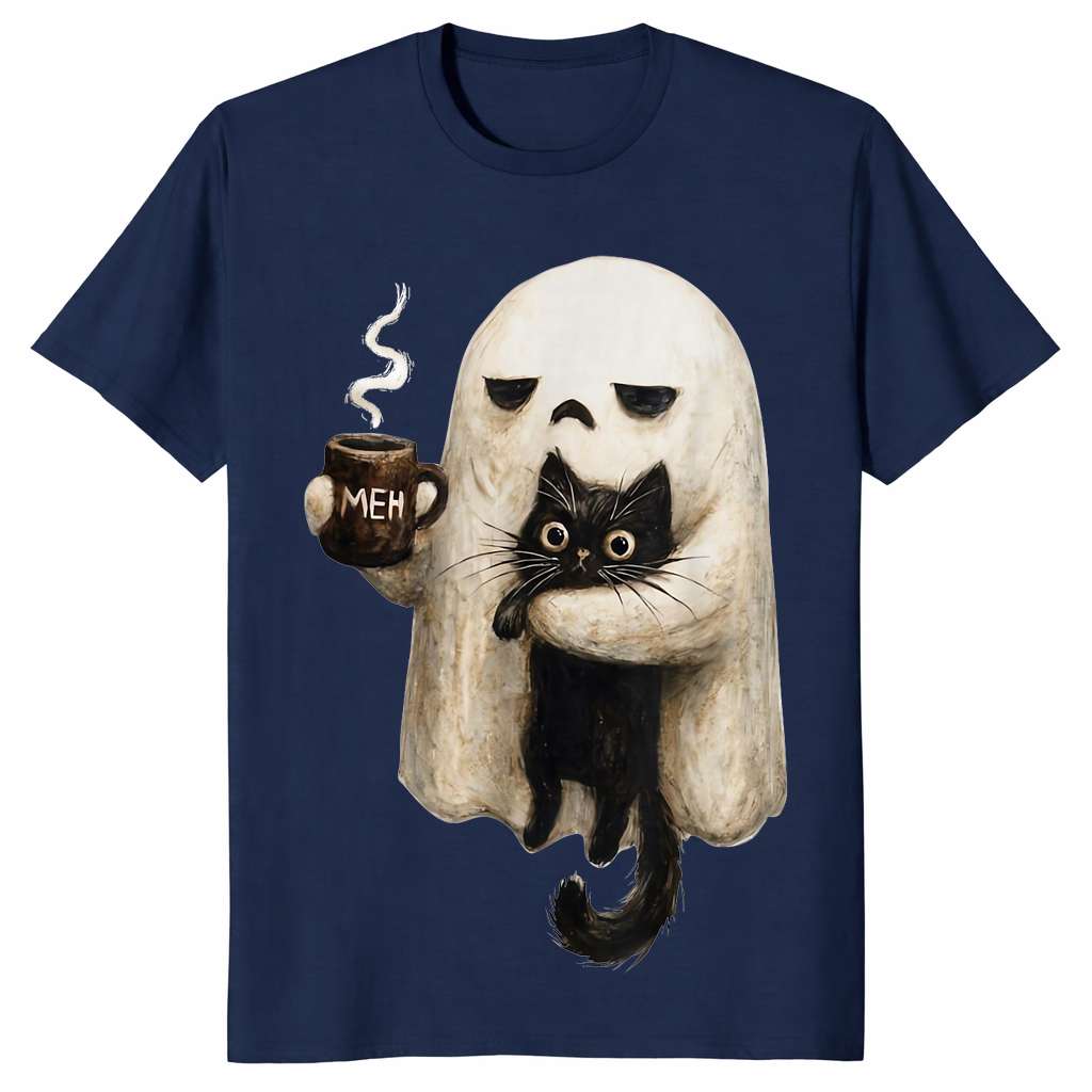 Navy retro boojee ghost shirt with a ghost holding a black cat and a hot latte