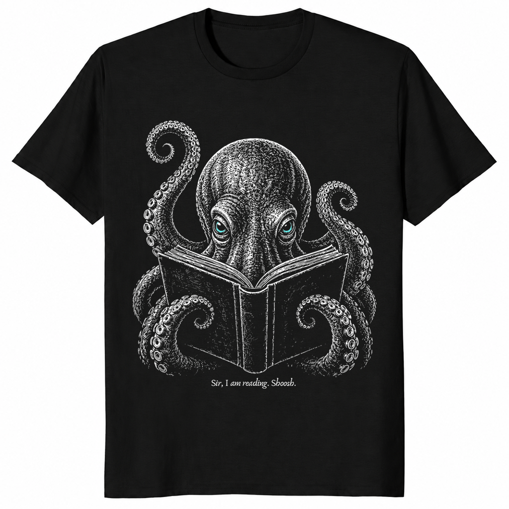 Book lover reader shirt in black with shushing octopus design