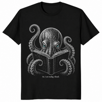 Book lover reader shirt in black with shushing octopus design