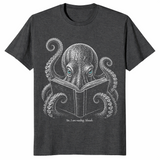 Book lover reader shirt in dark heather grey with shushing octopus design