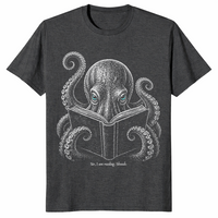 Book lover reader shirt in dark heather grey with shushing octopus design